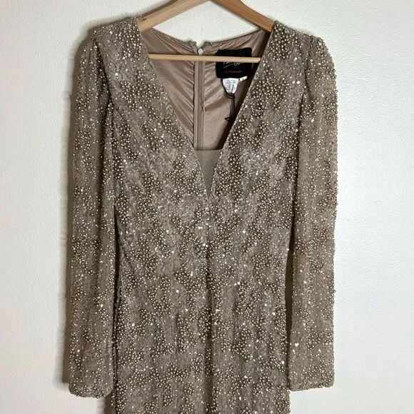 Mac duggal long sleeve sequin beaded sheath gown in mocha style 5177 size 6 - Picture 4 of 16